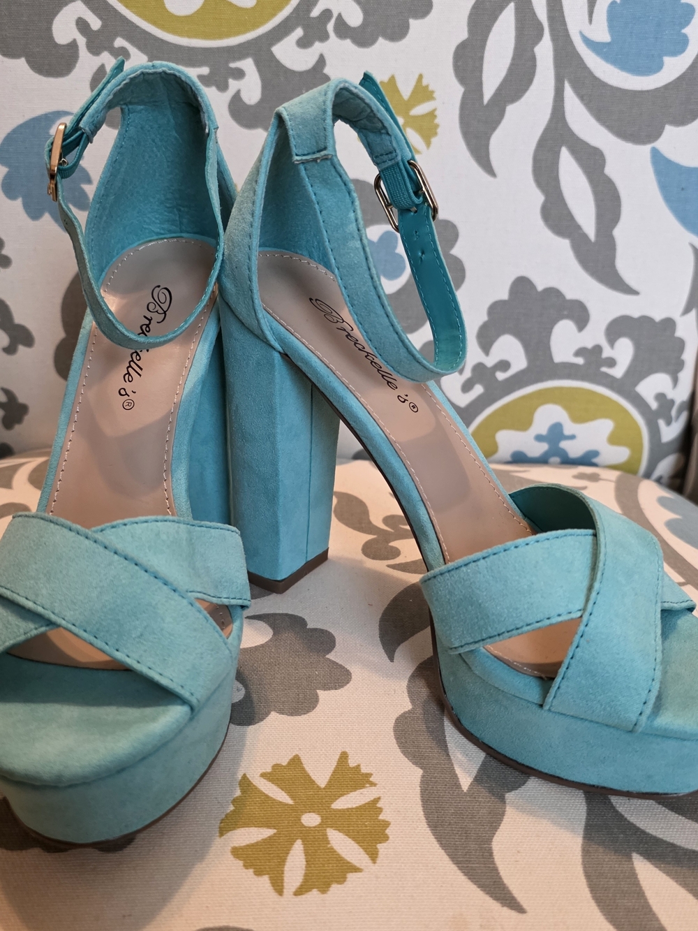 Breckelle's Teal Faux Suede Platform Ankle Strap Open Toe Block Heels 6